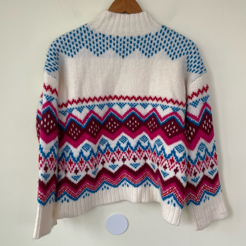 LOFT Whisper White Fair Isle Wide Sleeve Mock Neck Sweater M Medium Pink Blue - Picture 5 of 8